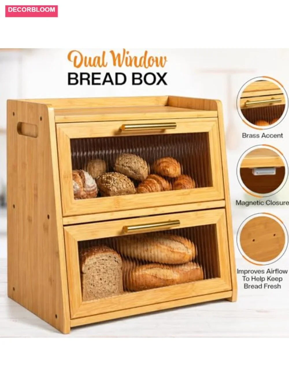Extra Large Bamboo Bread Box Double Layer Wooden Storage with Acrylic Windows
